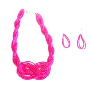 PINK BEAD NECKLACE BRAIDED AND EARRING SET